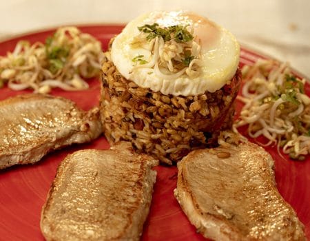 Calentado de lentejas, cerdo y arroz