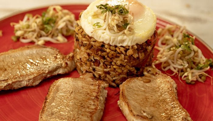 Calentado de lentejas, cerdo y arroz