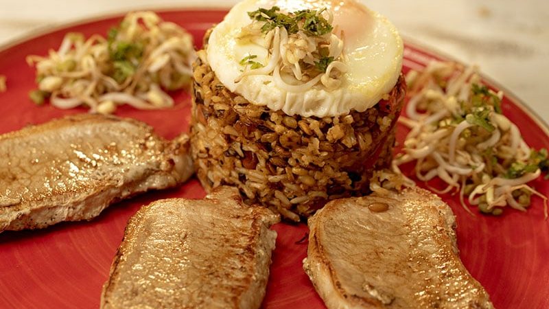 Calentado de lentejas, cerdo y arroz