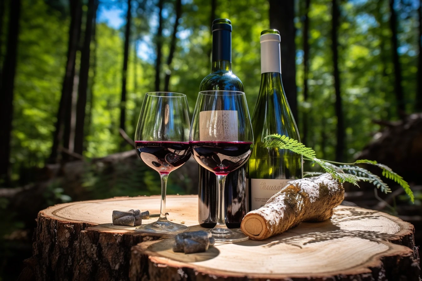 Dos copas de vino y dos botellas sobre un tronco