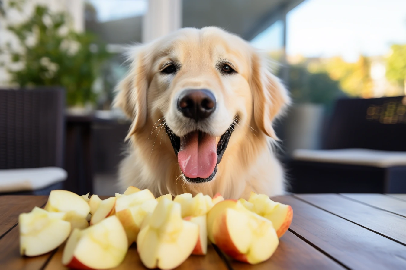 Perro comiendo manzana sin semillas en un jardín