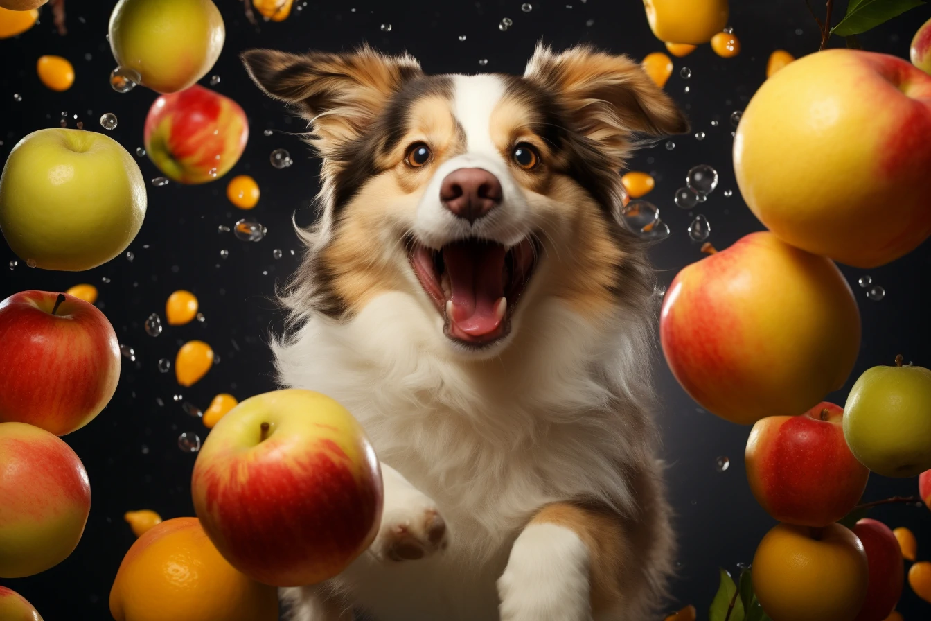 Perro feliz en medio de una lluvia de manzanas frescas