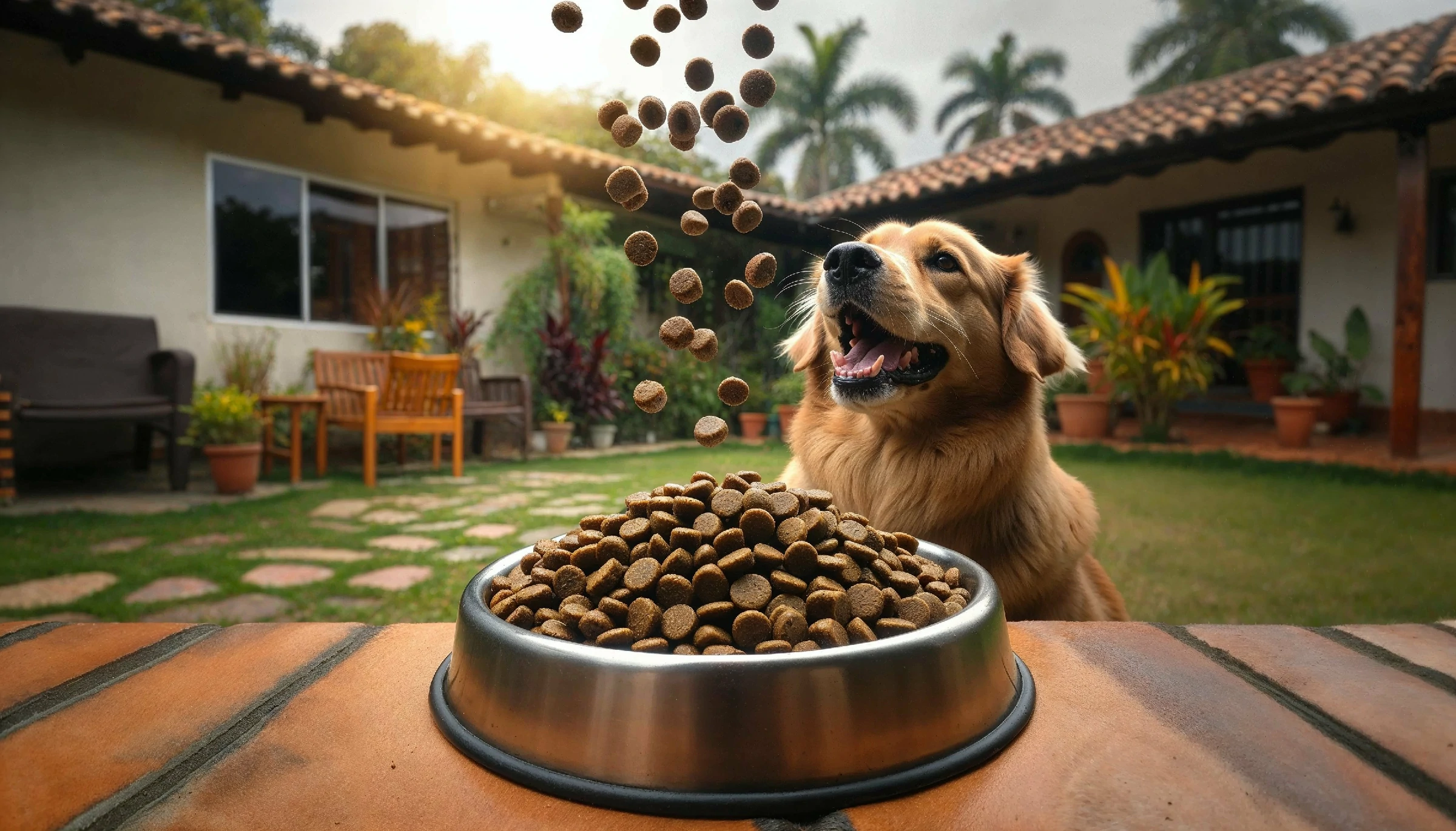 Golden listo a comer su concentrado que está siendo servido en su plato