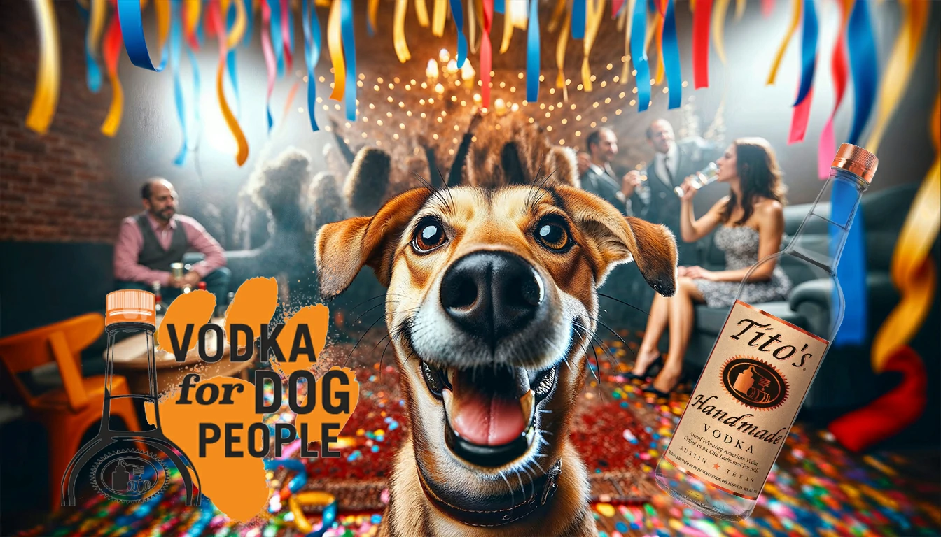 Perro en medio de una celebración de Vodka Titos